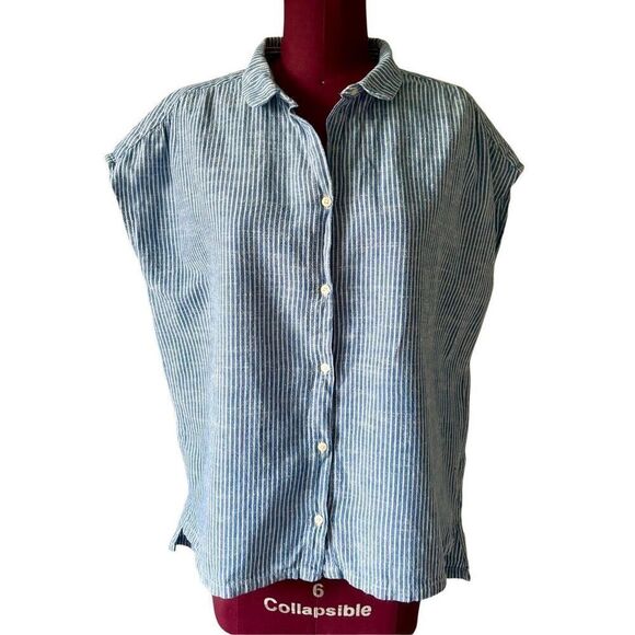 Trovata Birds Of Paradise Linen Cotton Striped Button Down Blouse size L Blue - Picture 1 of 6